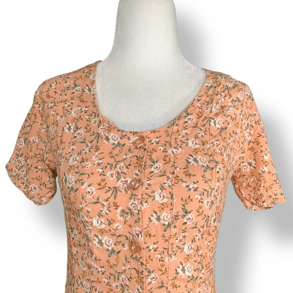 Vintage 90s Peach Floral Mini Dress Rayon Button Front Short Sleeve Scoopneck - Picture 2 of 11